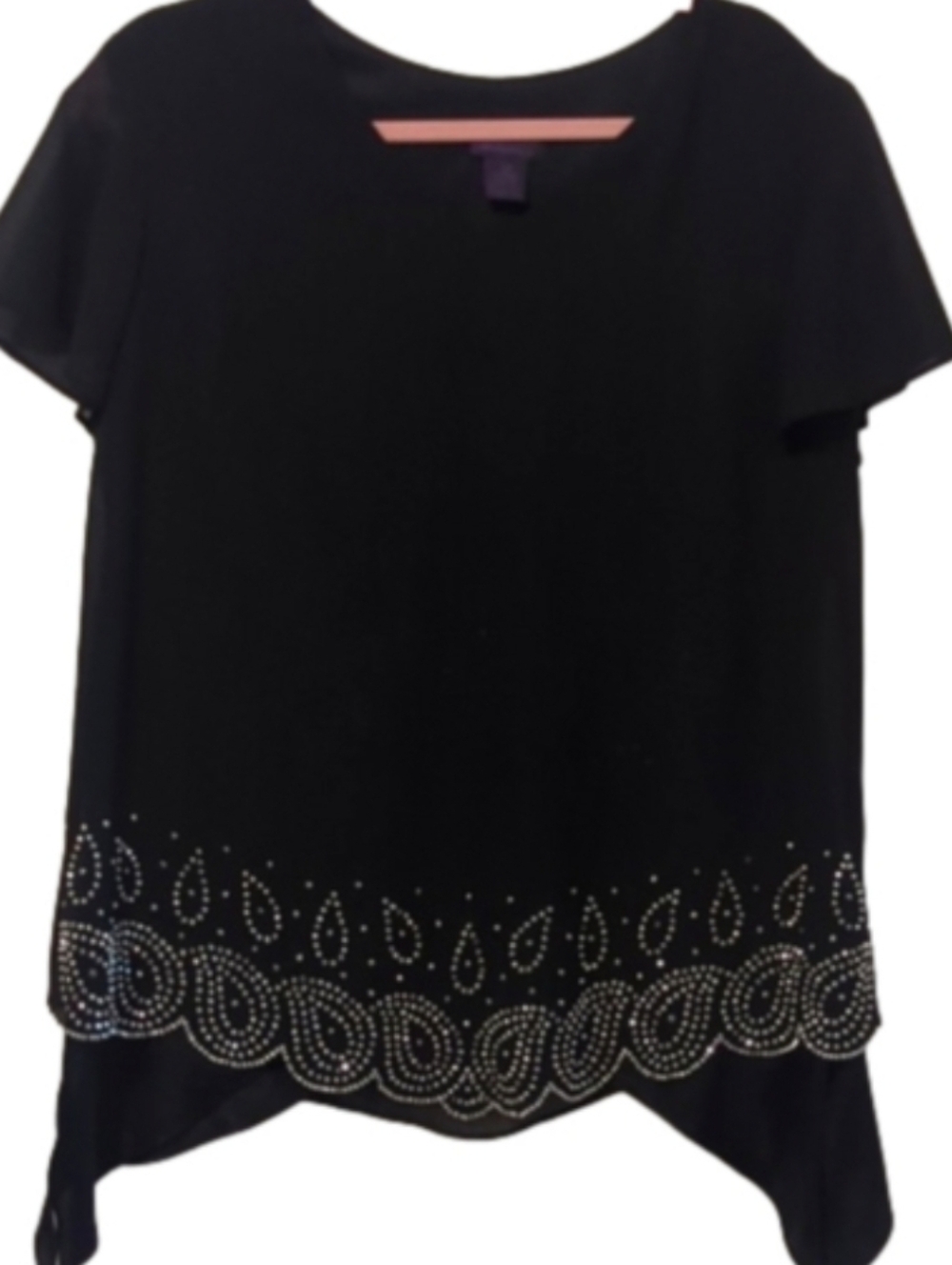 Metaphor Black Asymmetrical Blouse Rhinestone Hem Flowy Elegant Top